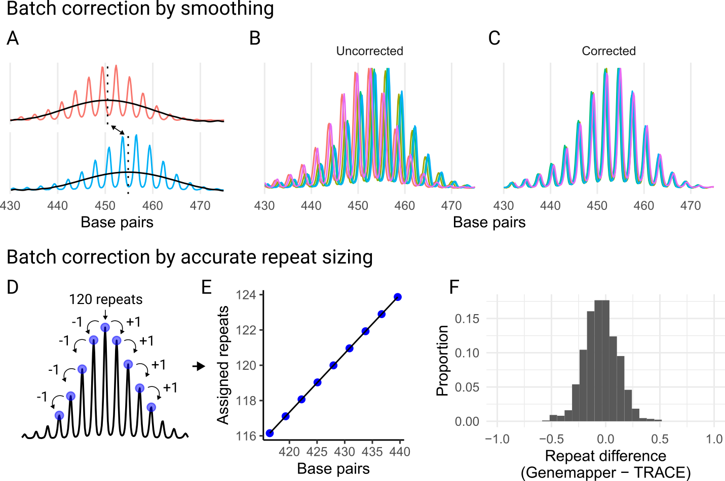 Correcting batch effects to standardize fragment analysis runs. (A) In the first approach, batch correction factors (red and blue indicate the same sample but different run) are determined by smoothing (black line) the trace and identifying maxima (vertical dotted lines), aligning traces even when they differ in their modal peaks. In this example, the top panel’s modal peak is one repeat unit smaller than that of the bottom panel when converted from base pairs. (B) The same sample from different runs is overlaid, with colors indicating different fragment analysis runs. (C) The same samples as in B, shown after applying the batch correction factor. (D) In the second approach, samples of known repeat lengths are used to assign the modal repeat length, and neighboring peaks are identified sequentially by jumping from peak to peak. (E) A linear model is created using the assigned repeats and their corresponding base pair sizes, which is then used to predict the modal repeat length of all samples within a run. (F) The difference between the modal repeat lengths called by GeneMapper and TRACE for 872 samples across 32 runs.